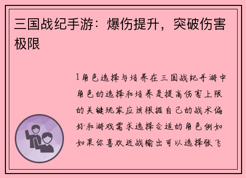 三国战纪手游：爆伤提升，突破伤害极限